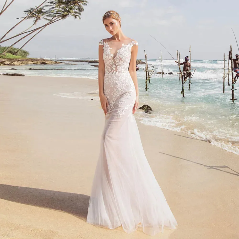 Sexy Beach Wedding Dress Cap Sleeve See Through Back Elegant Bridal Dress