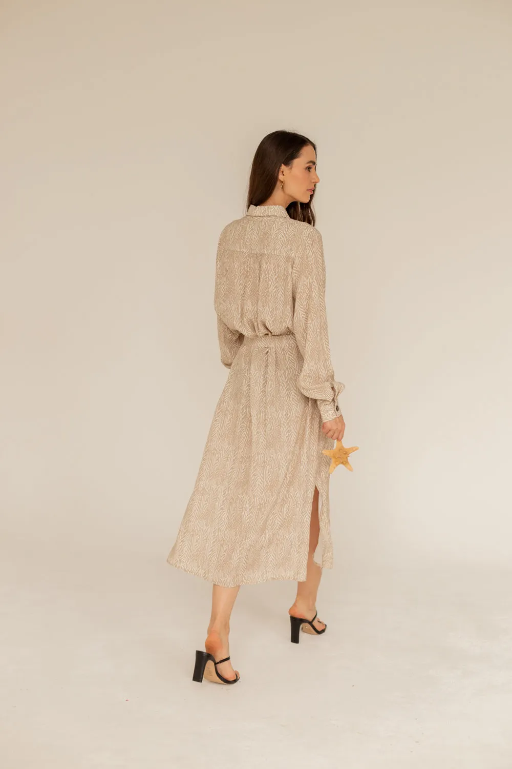 Shirt Dress Maxi Beige Print