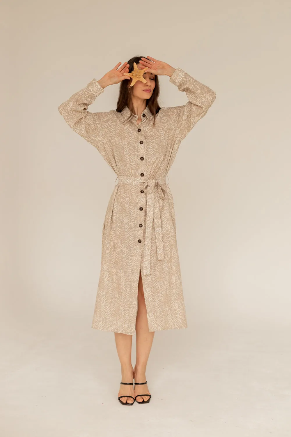 Shirt Dress Maxi Beige Print