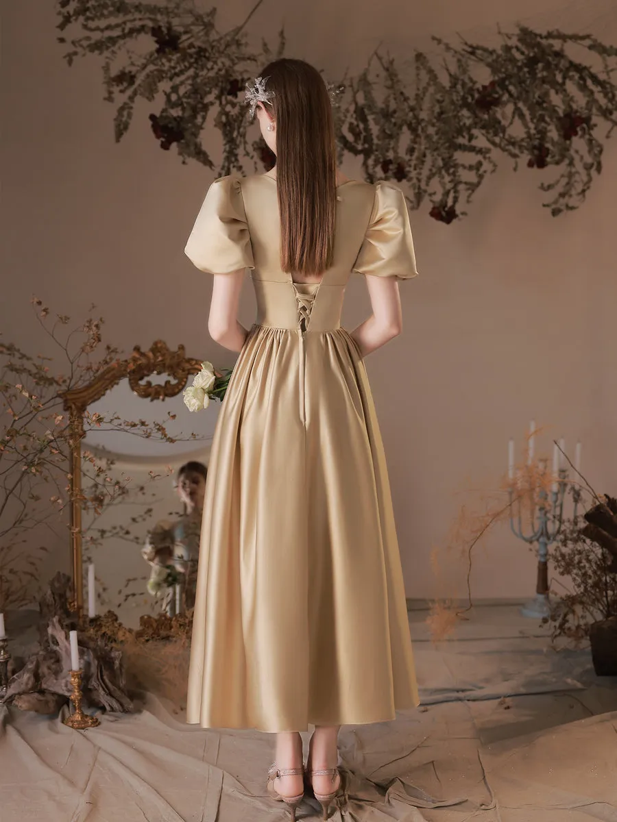 Simple Satin Tea Length Champagne Prom Dress, Satin Evening Dresses