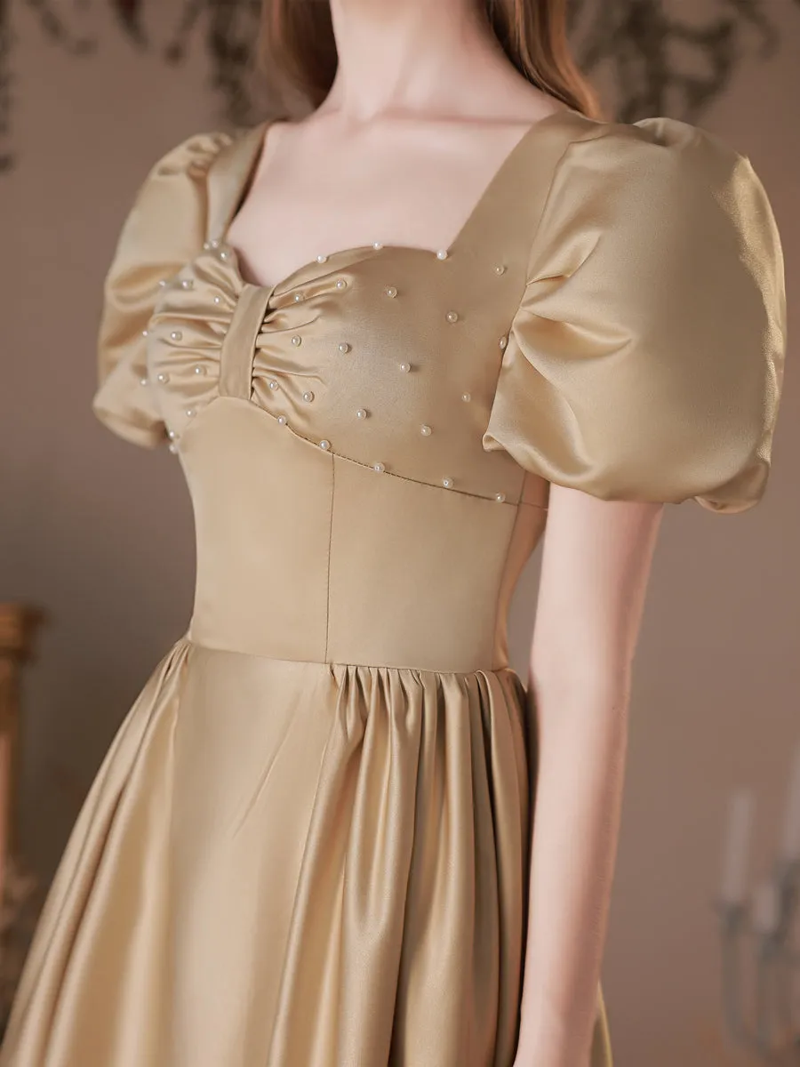 Simple Satin Tea Length Champagne Prom Dress, Satin Evening Dresses
