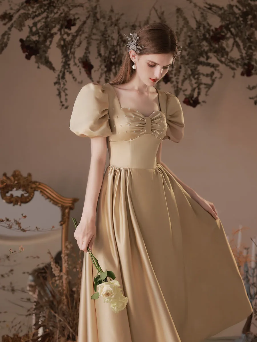 Simple Satin Tea Length Champagne Prom Dress, Satin Evening Dresses