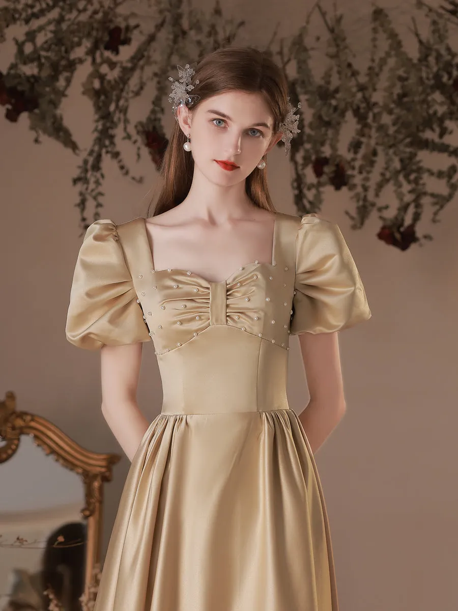 Simple Satin Tea Length Champagne Prom Dress, Satin Evening Dresses