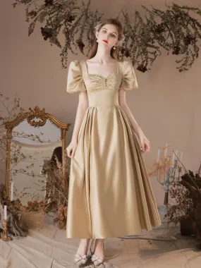 Simple Satin Tea Length Champagne Prom Dress, Satin Evening Dresses