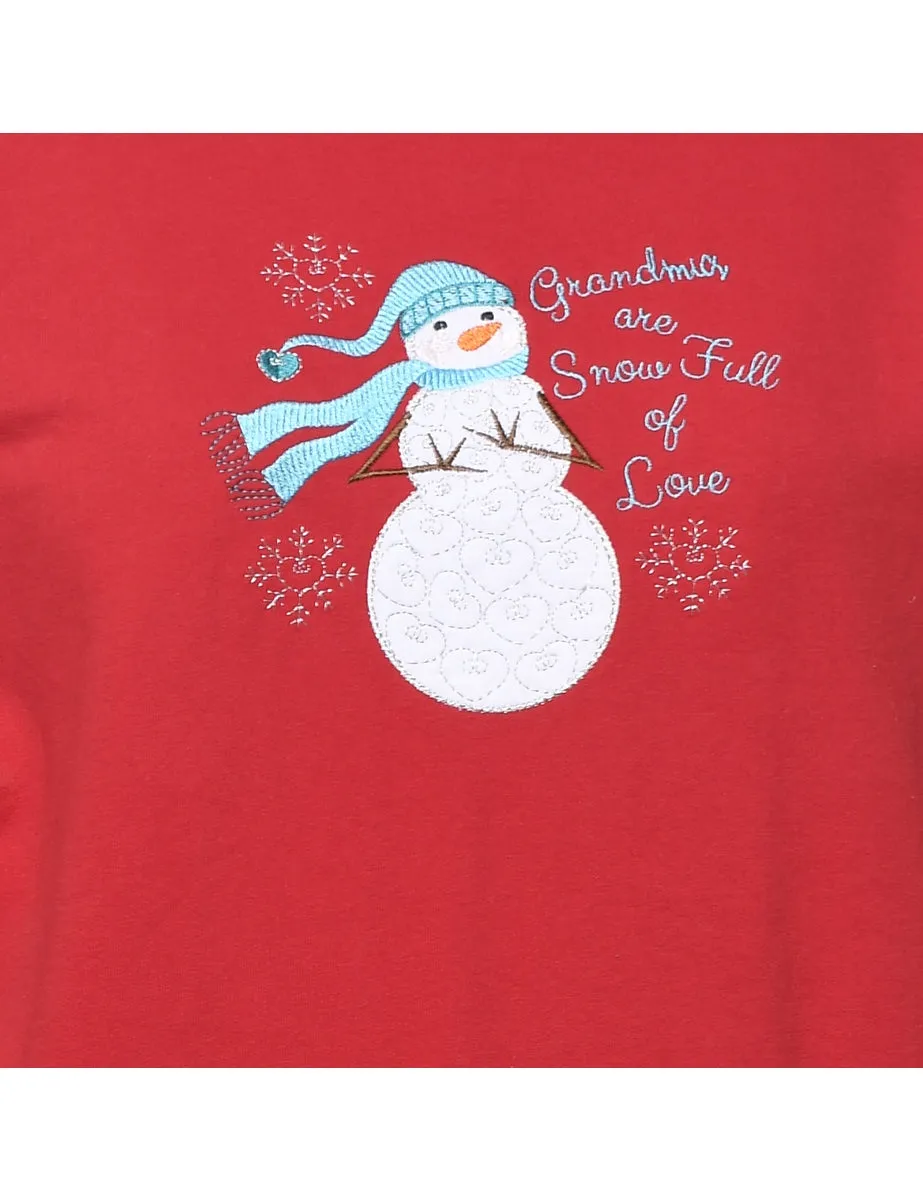 Snowman Design Red Christmas Sweatshirt - M