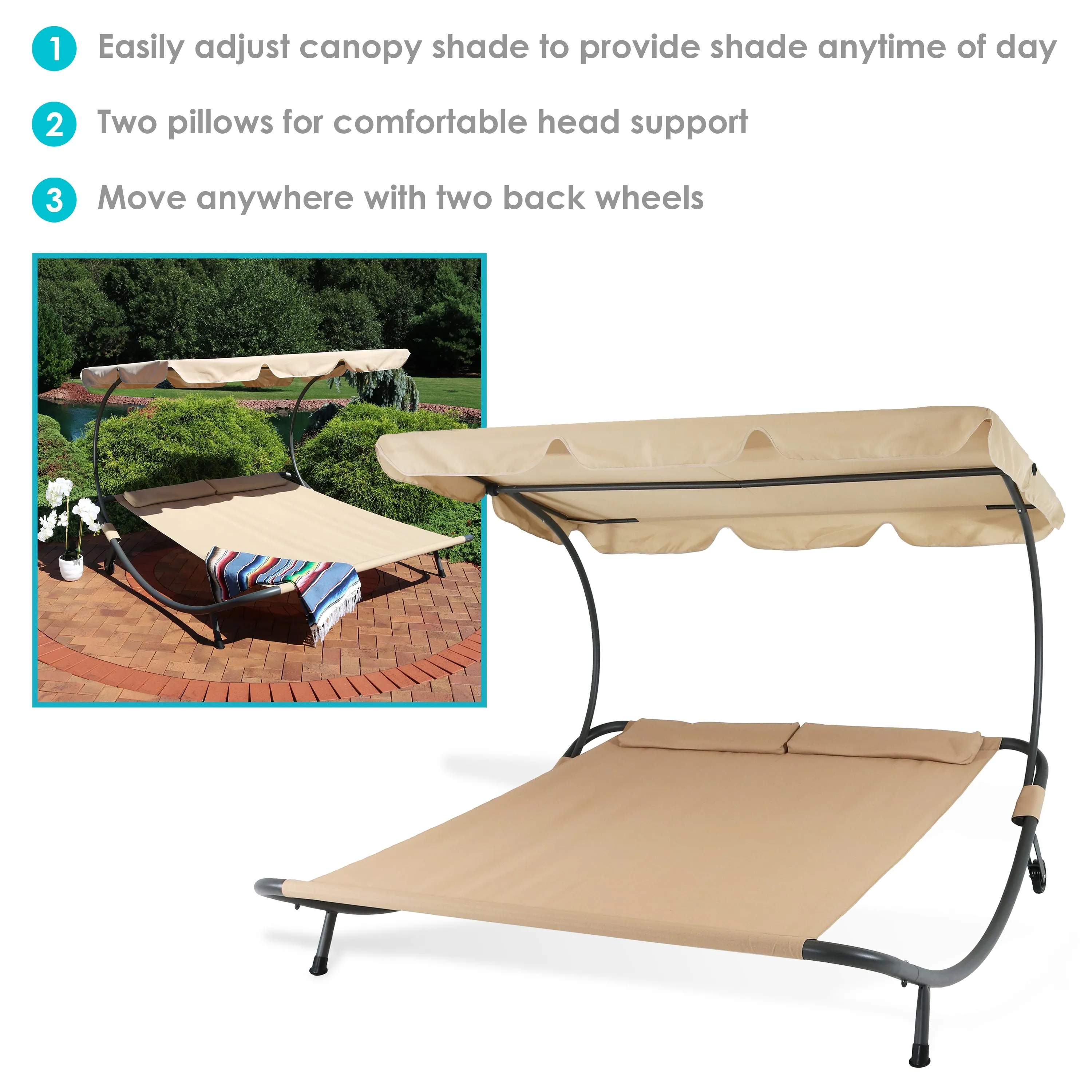 Sunnydaze Chaise Rocking Lounge Chair with Canopy and Pillows - Beige