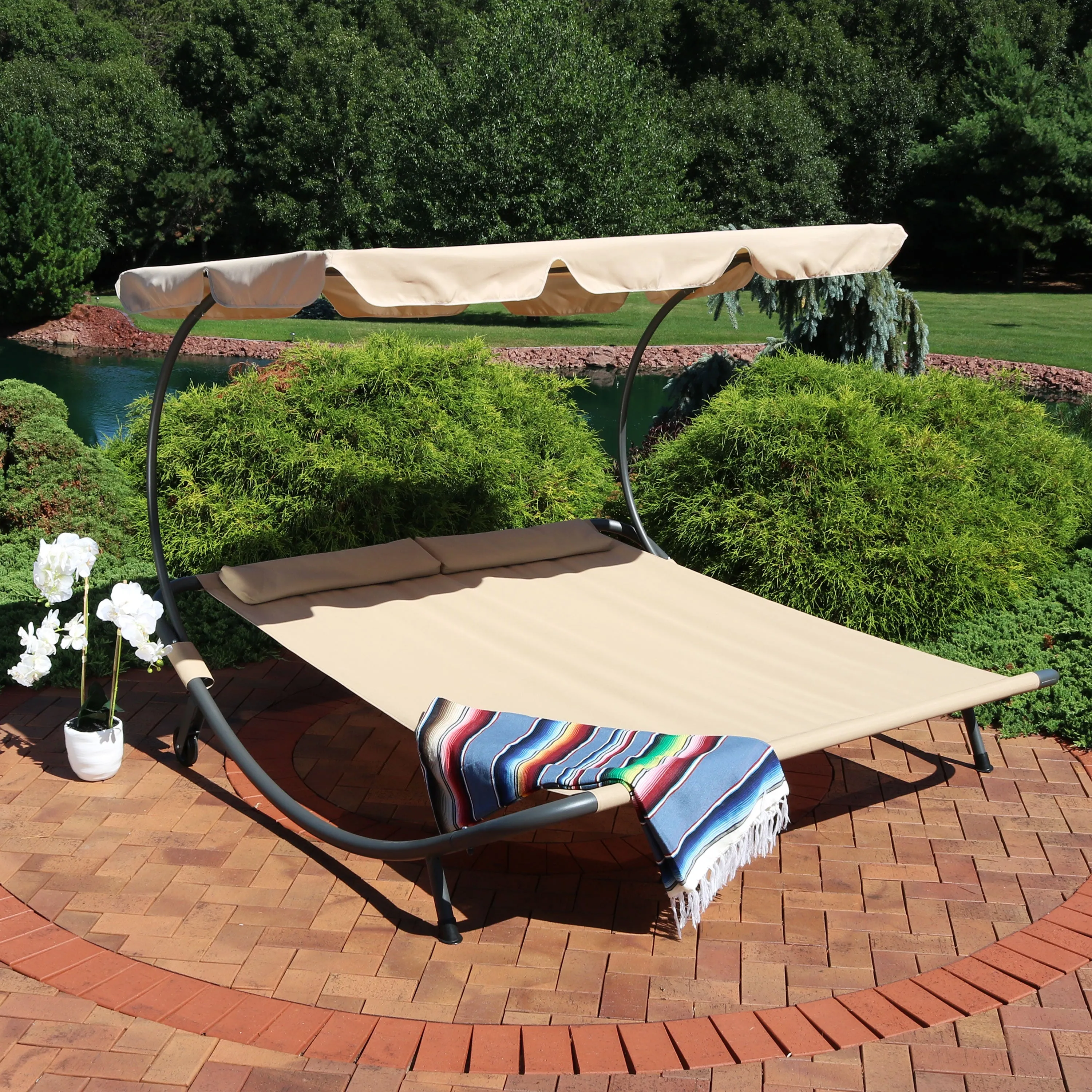 Sunnydaze Chaise Rocking Lounge Chair with Canopy and Pillows - Beige