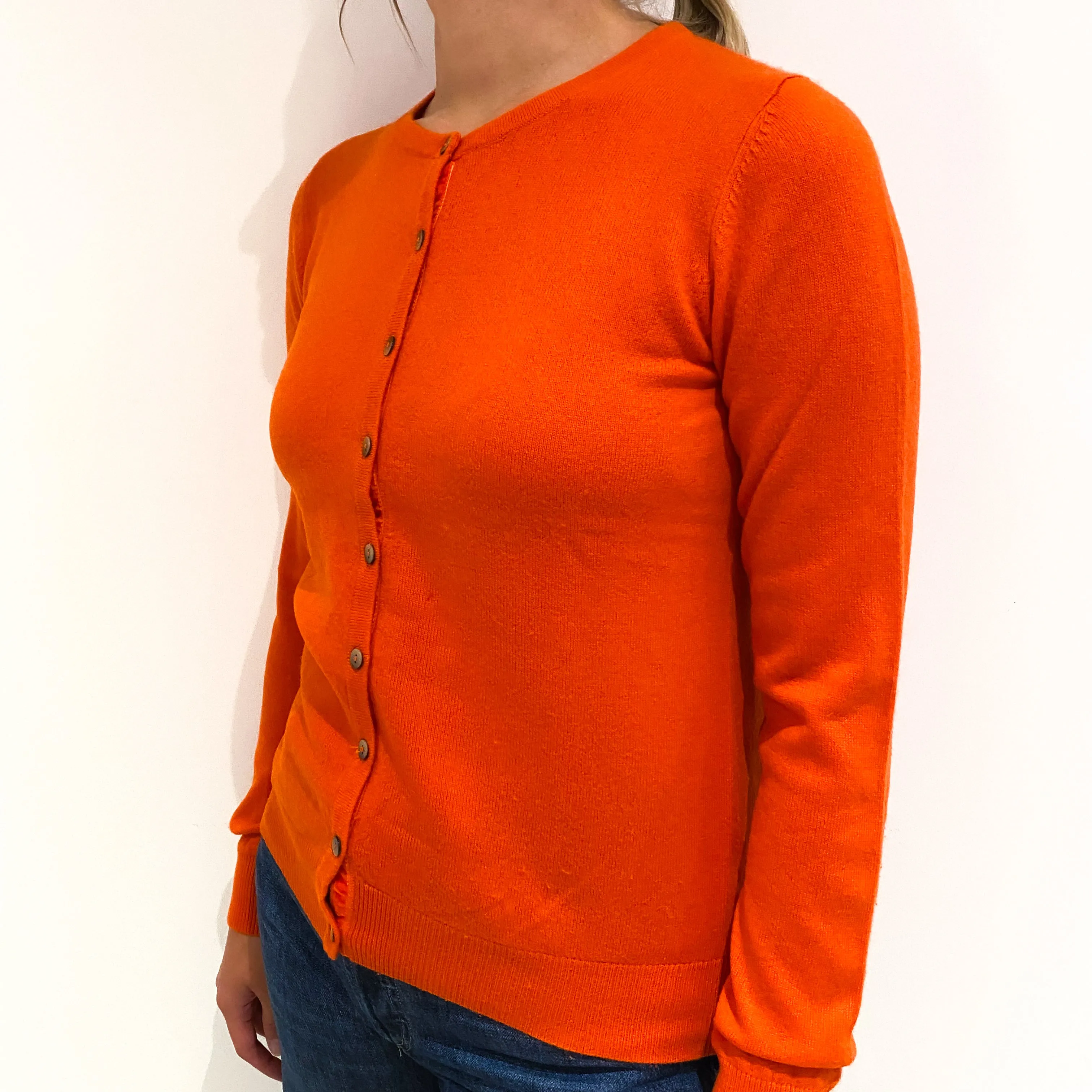Tangerine Orange Cashmere Crew Neck Cardigan Small