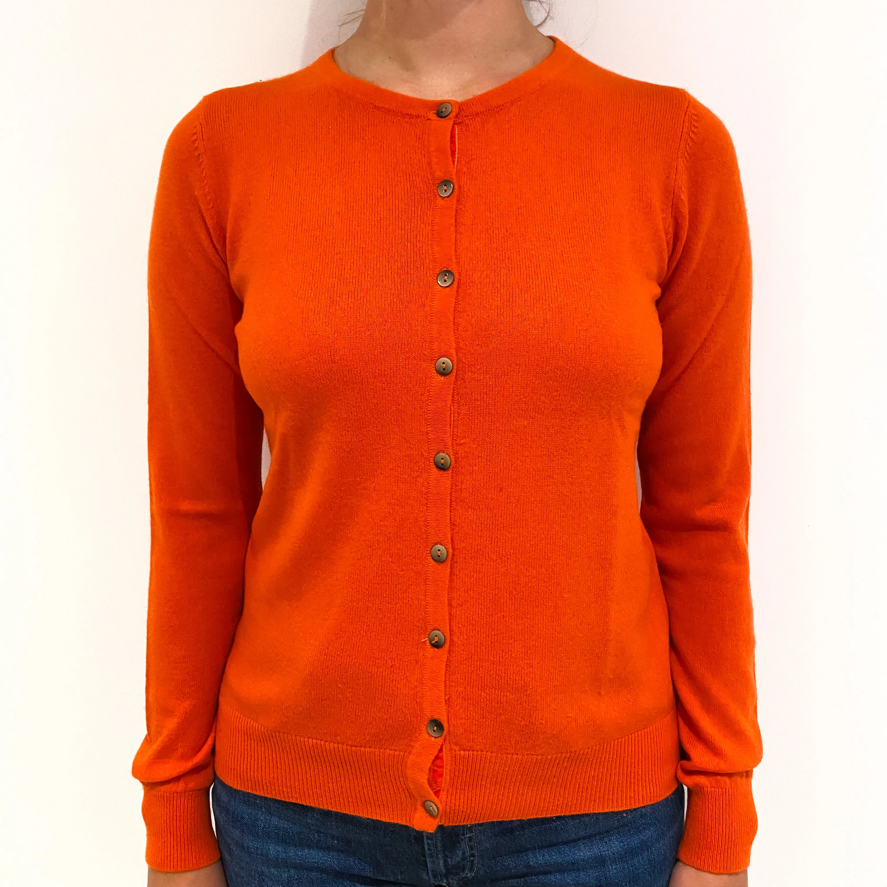 Tangerine Orange Cashmere Crew Neck Cardigan Small