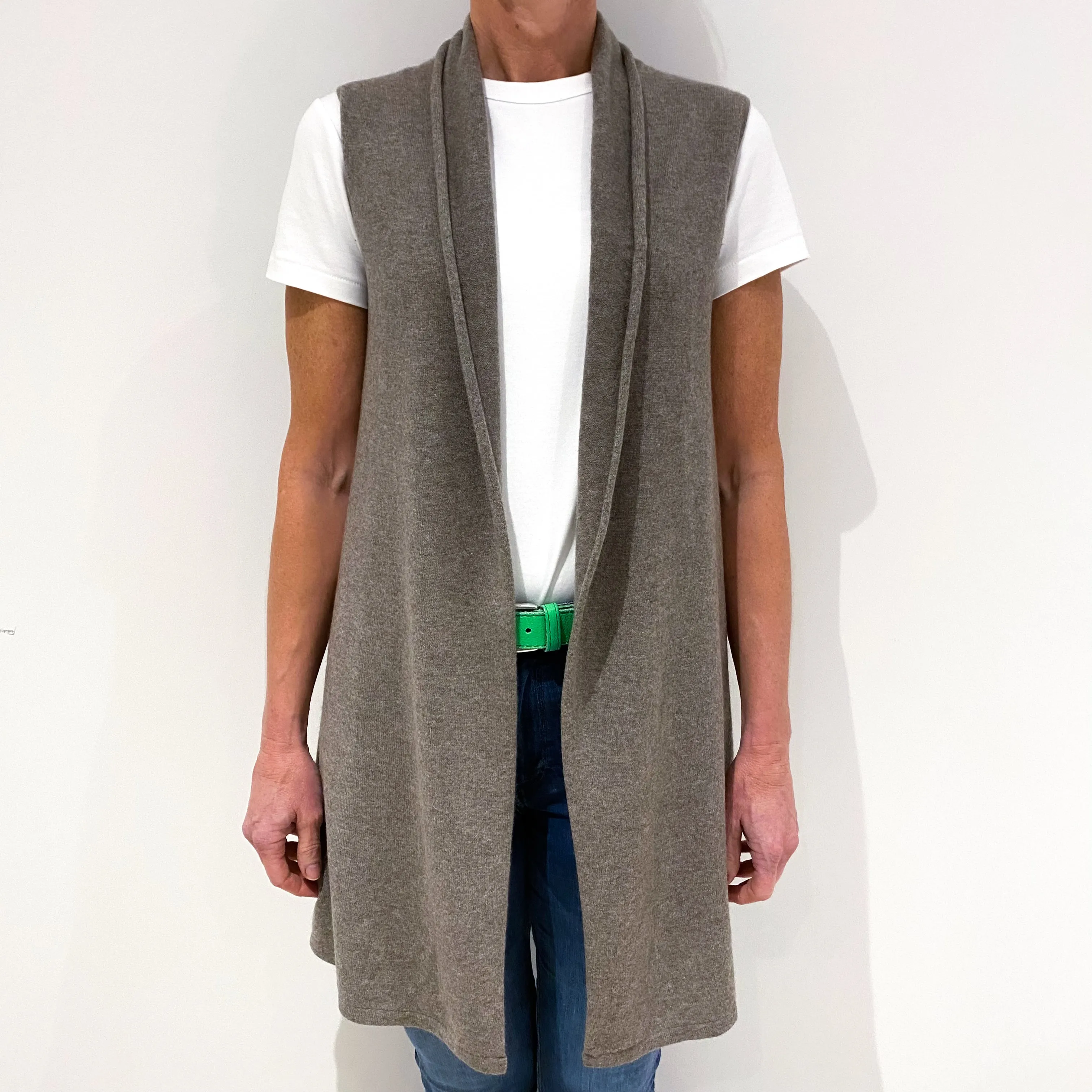 Taupe Brown Sleeveless Cashmere Collared Edge To Edge Cardigan Small