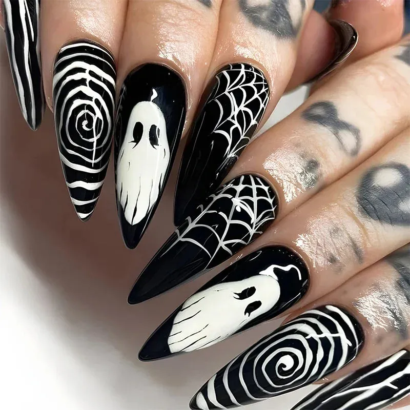 Toleet-Helloween sminken Halloween Acrylic Press On Nails Almond Shape Fake Nails Short Full Cover Glue On Nails Halloween Stick On Nails Cute Ghost Pump