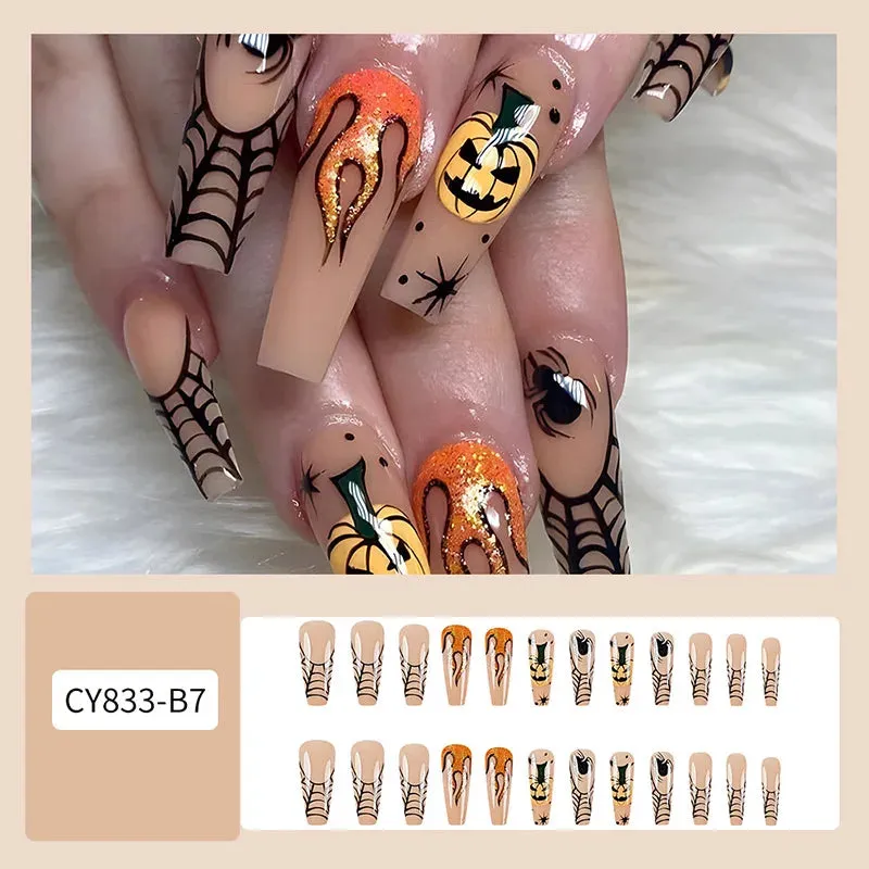 Toleet-Helloween sminken Halloween Acrylic Press On Nails Almond Shape Fake Nails Short Full Cover Glue On Nails Halloween Stick On Nails Cute Ghost Pump