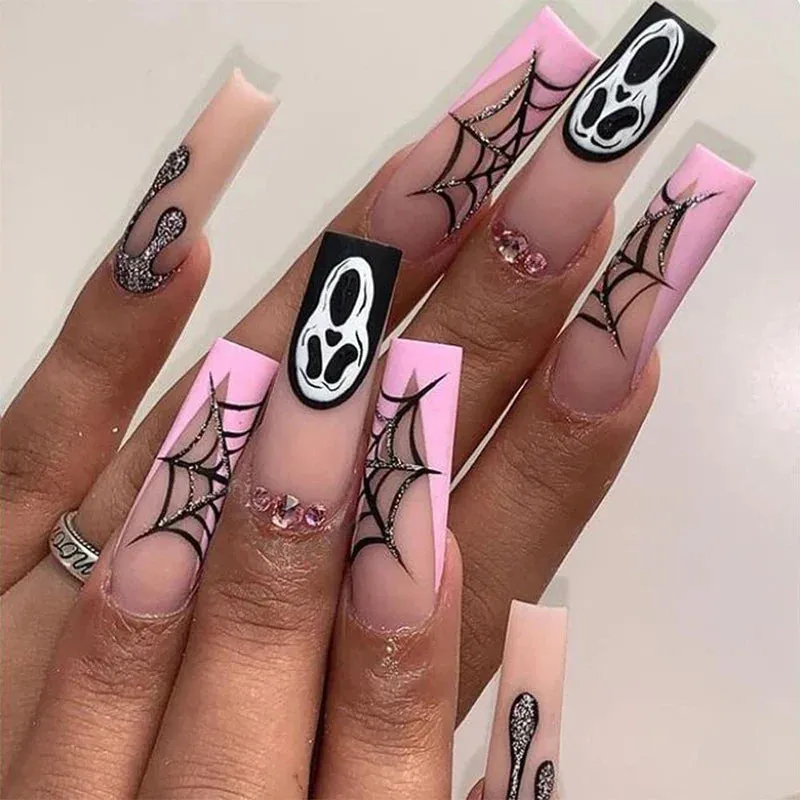 Toleet-Helloween sminken Halloween Acrylic Press On Nails Almond Shape Fake Nails Short Full Cover Glue On Nails Halloween Stick On Nails Cute Ghost Pump