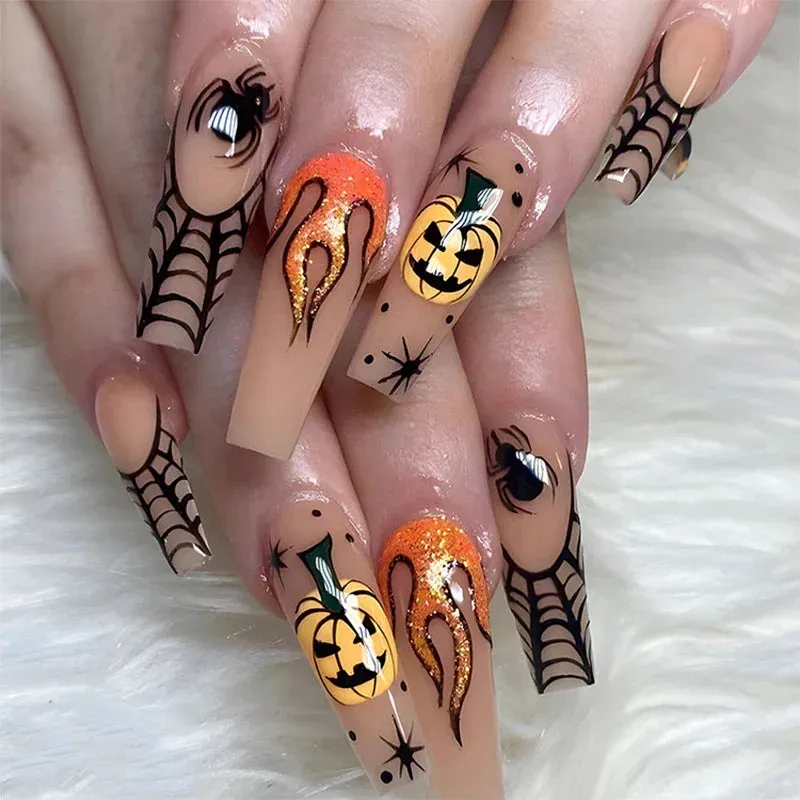 Toleet-Helloween sminken Halloween Acrylic Press On Nails Almond Shape Fake Nails Short Full Cover Glue On Nails Halloween Stick On Nails Cute Ghost Pump