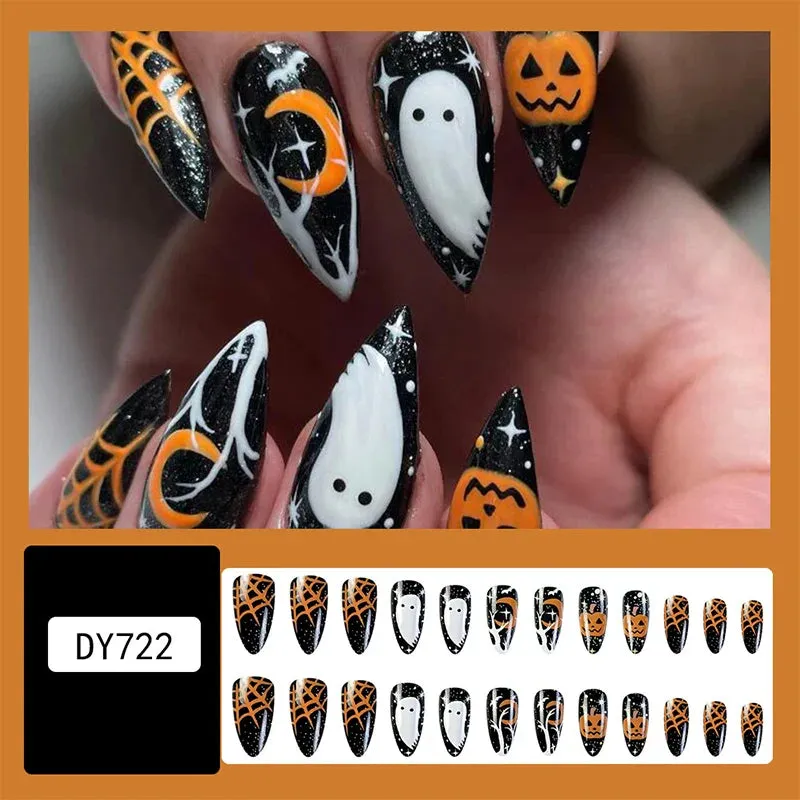 Toleet-Helloween sminken Halloween Acrylic Press On Nails Almond Shape Fake Nails Short Full Cover Glue On Nails Halloween Stick On Nails Cute Ghost Pump