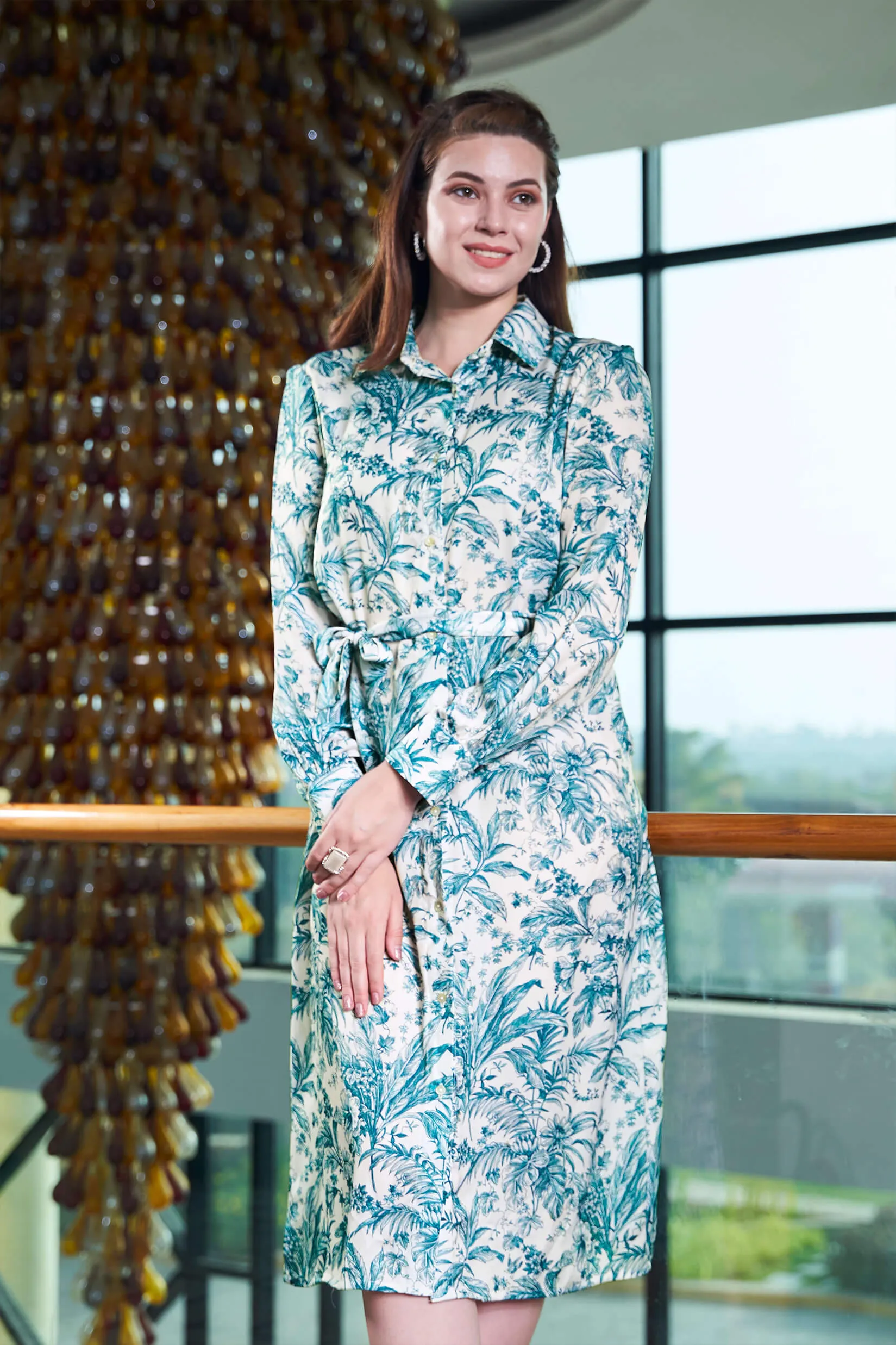 Tropical Tie Belt Shirt Dress