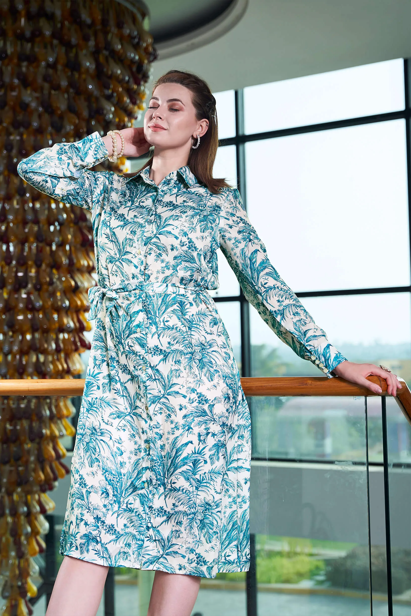 Tropical Tie Belt Shirt Dress