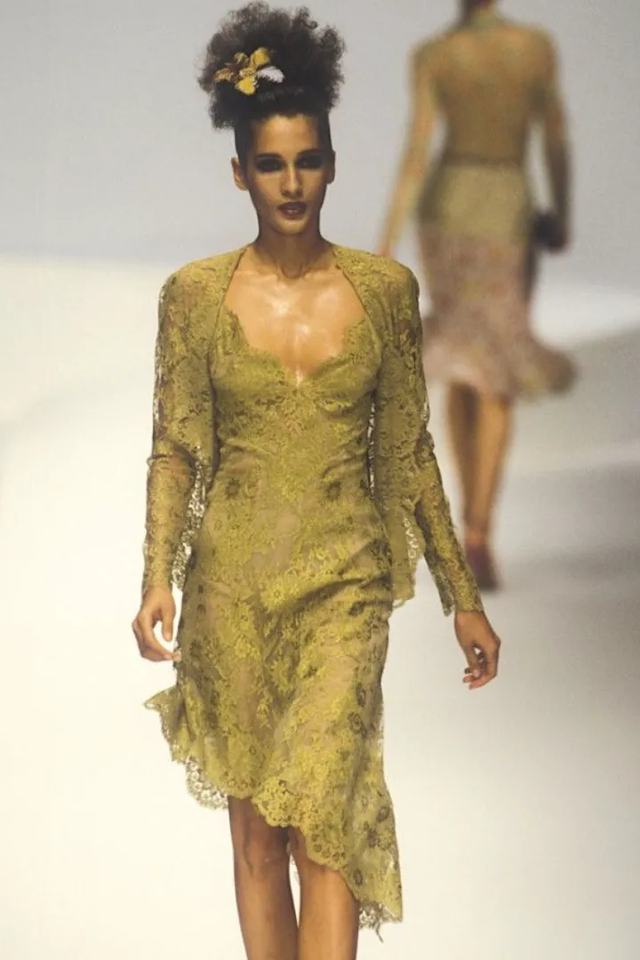 Valentino Vintage SS 1997 Chartreuse Floral Lace Asymmetric Dress and Shirt Ensemble