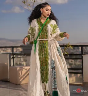 Verdant Elegance: Green Fetil Habesha Kemis with Intricate Patterns Habesha Dress
