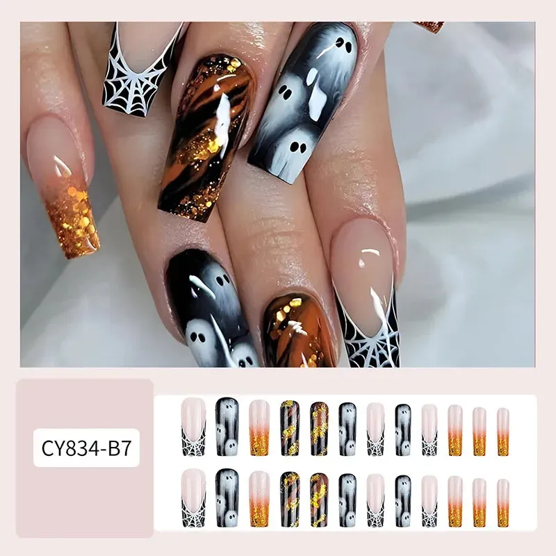 Wenkouban-Helloween sminken Halloween Acrylic Press On Nails Almond Shape Fake Nails Short Full Cover Glue On Nails Halloween Stick On Nails Cute Ghost Pump
