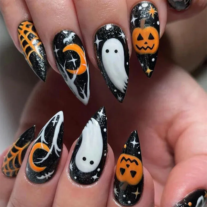 Wenkouban-Helloween sminken Halloween Acrylic Press On Nails Almond Shape Fake Nails Short Full Cover Glue On Nails Halloween Stick On Nails Cute Ghost Pump