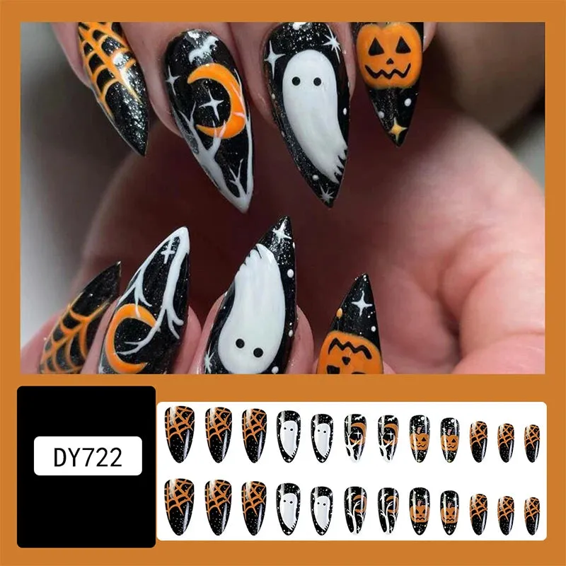 Wenkouban-Helloween sminken Halloween Acrylic Press On Nails Almond Shape Fake Nails Short Full Cover Glue On Nails Halloween Stick On Nails Cute Ghost Pump