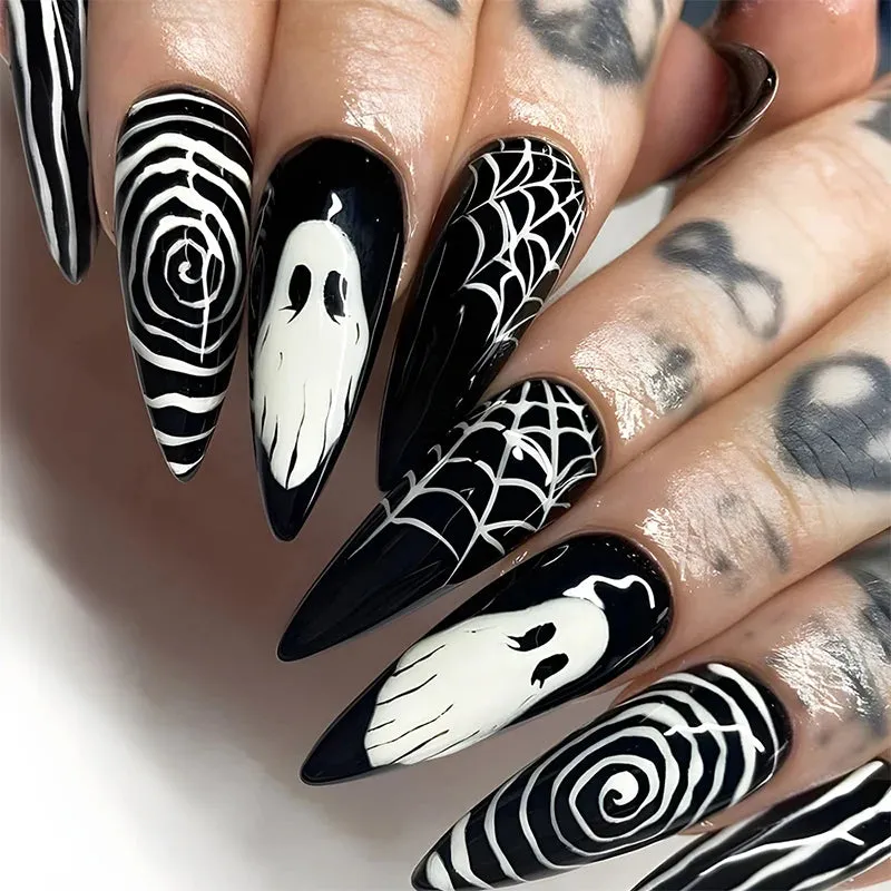 Wenkouban-Helloween sminken Halloween Acrylic Press On Nails Almond Shape Fake Nails Short Full Cover Glue On Nails Halloween Stick On Nails Cute Ghost Pump