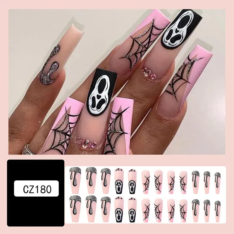 Wenkouban-Helloween sminken Halloween Acrylic Press On Nails Almond Shape Fake Nails Short Full Cover Glue On Nails Halloween Stick On Nails Cute Ghost Pump