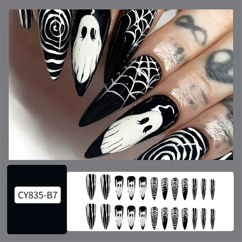 Wenkouban-Helloween sminken Halloween Acrylic Press On Nails Almond Shape Fake Nails Short Full Cover Glue On Nails Halloween Stick On Nails Cute Ghost Pump