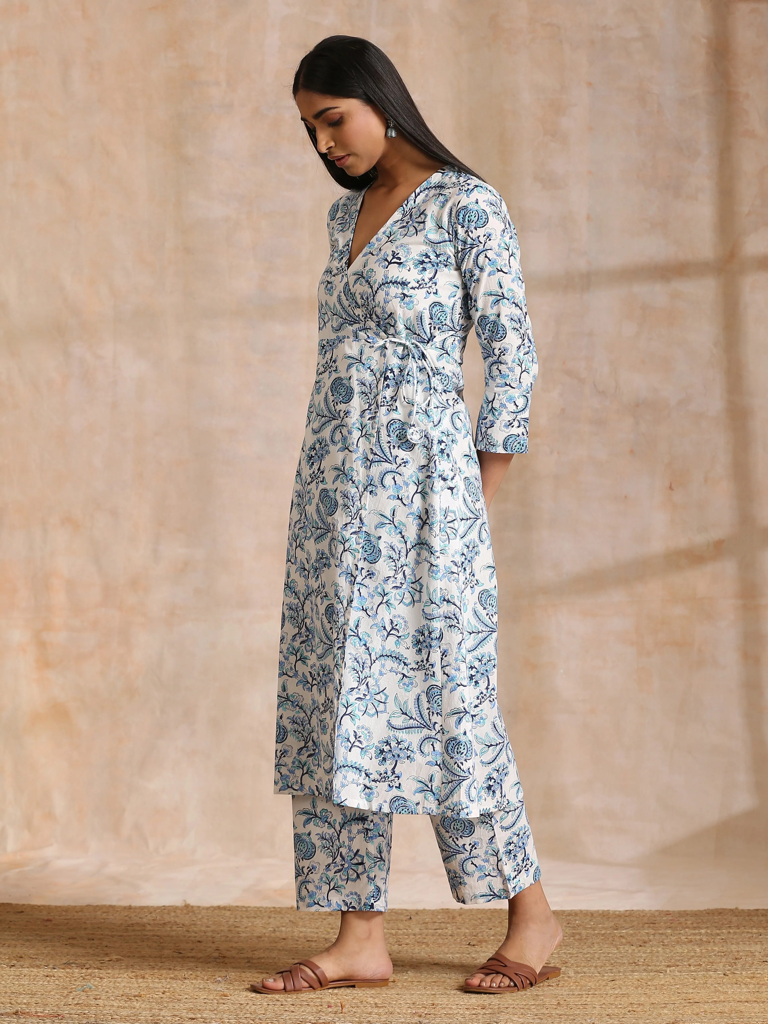 White With Overall Blue Print Cotton Angrakha Kurta Pant Set
