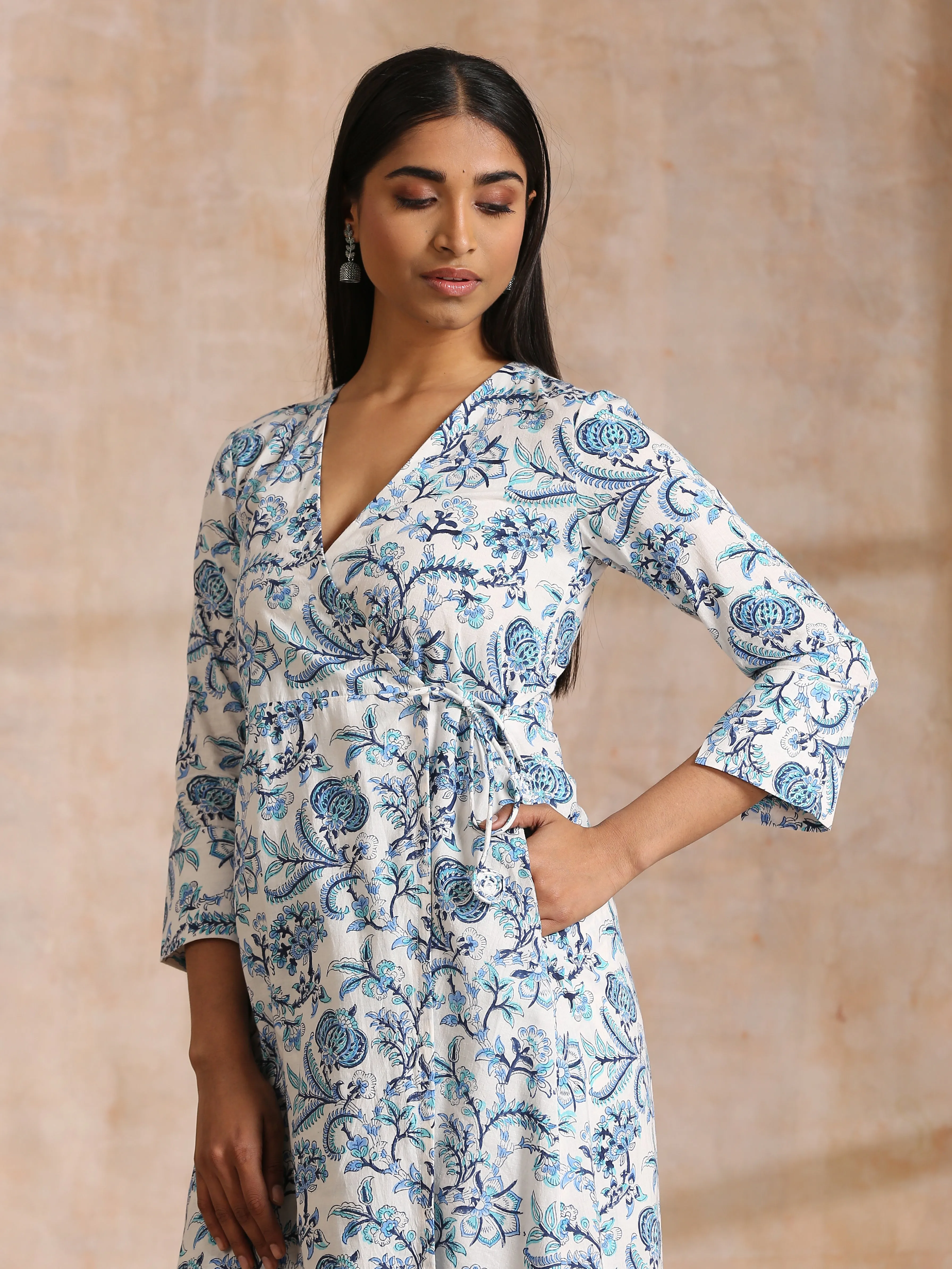 White With Overall Blue Print Cotton Angrakha Kurta Pant Set