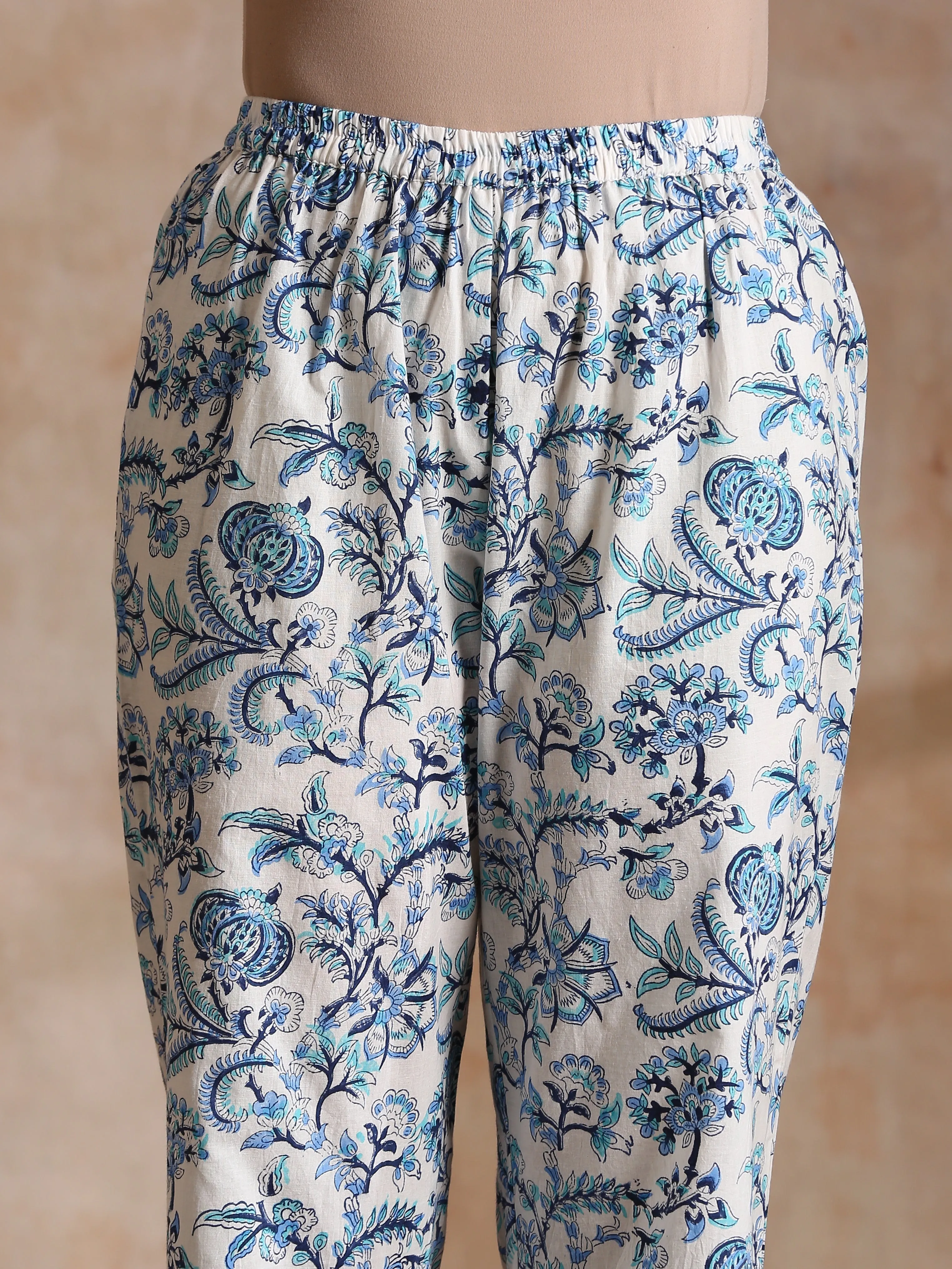 White With Overall Blue Print Cotton Angrakha Kurta Pant Set