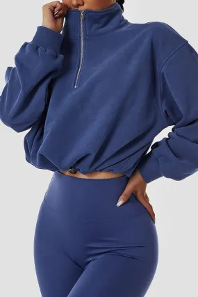 Winter Outfits Plain Zipper Down Drawstring Hem Crop Top Sweatershirt