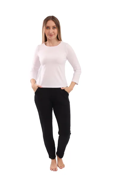 Women Basic Shirt, Round Neck, Long Sleeve - White