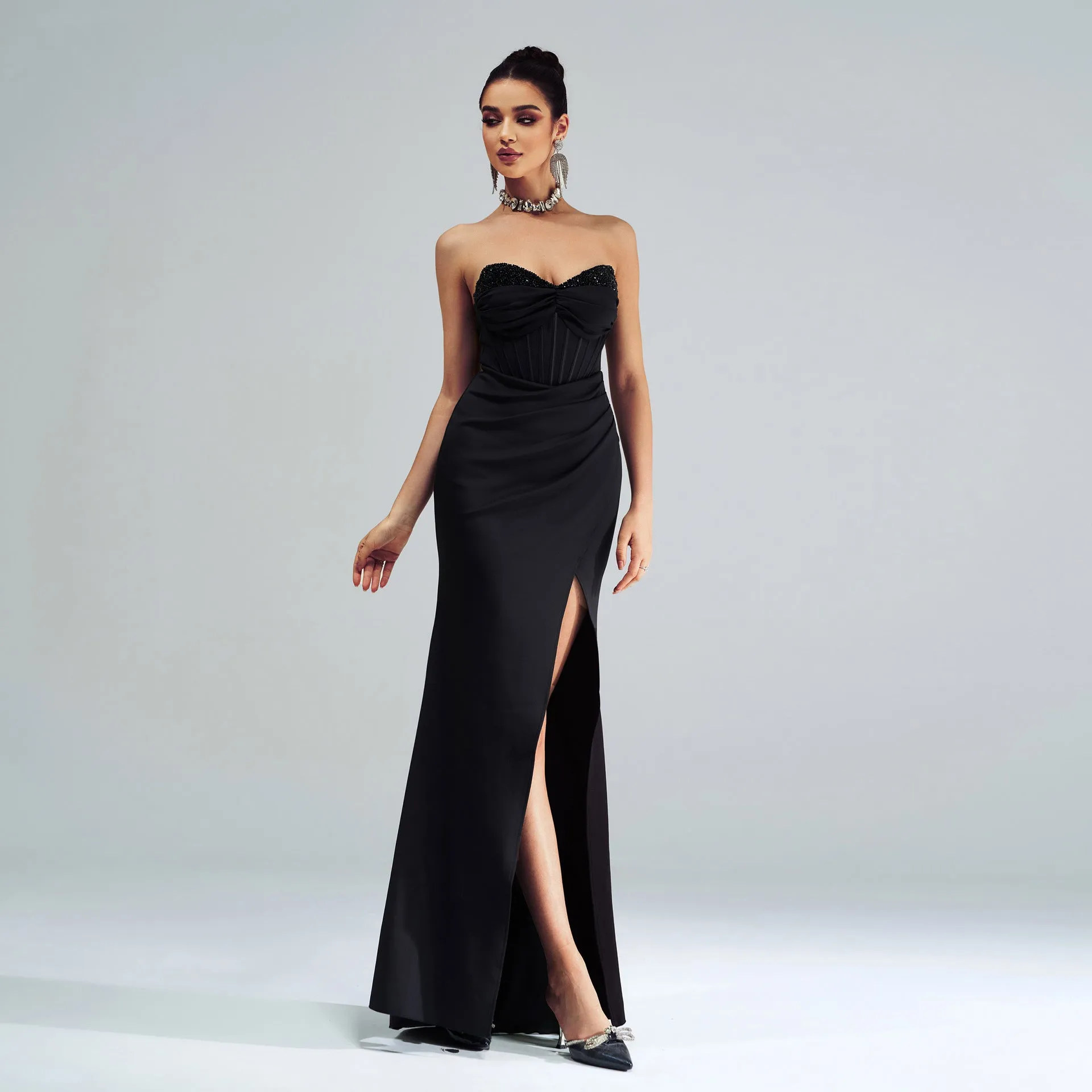 Women Off Neck Chest Sheath Split Evening Dress