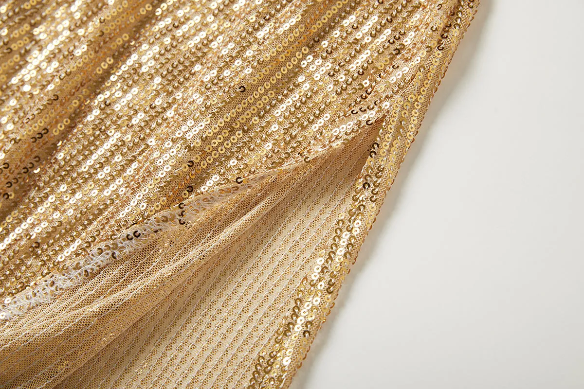 Women Sexy Gold Sequin Halter Backless Split Formal Dress