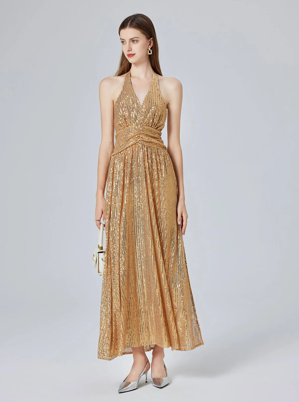 Women Sexy Gold Sequin Halter Backless Split Formal Dress