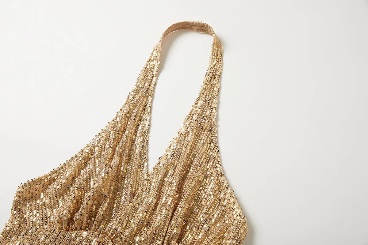 Women Sexy Gold Sequin Halter Backless Split Formal Dress