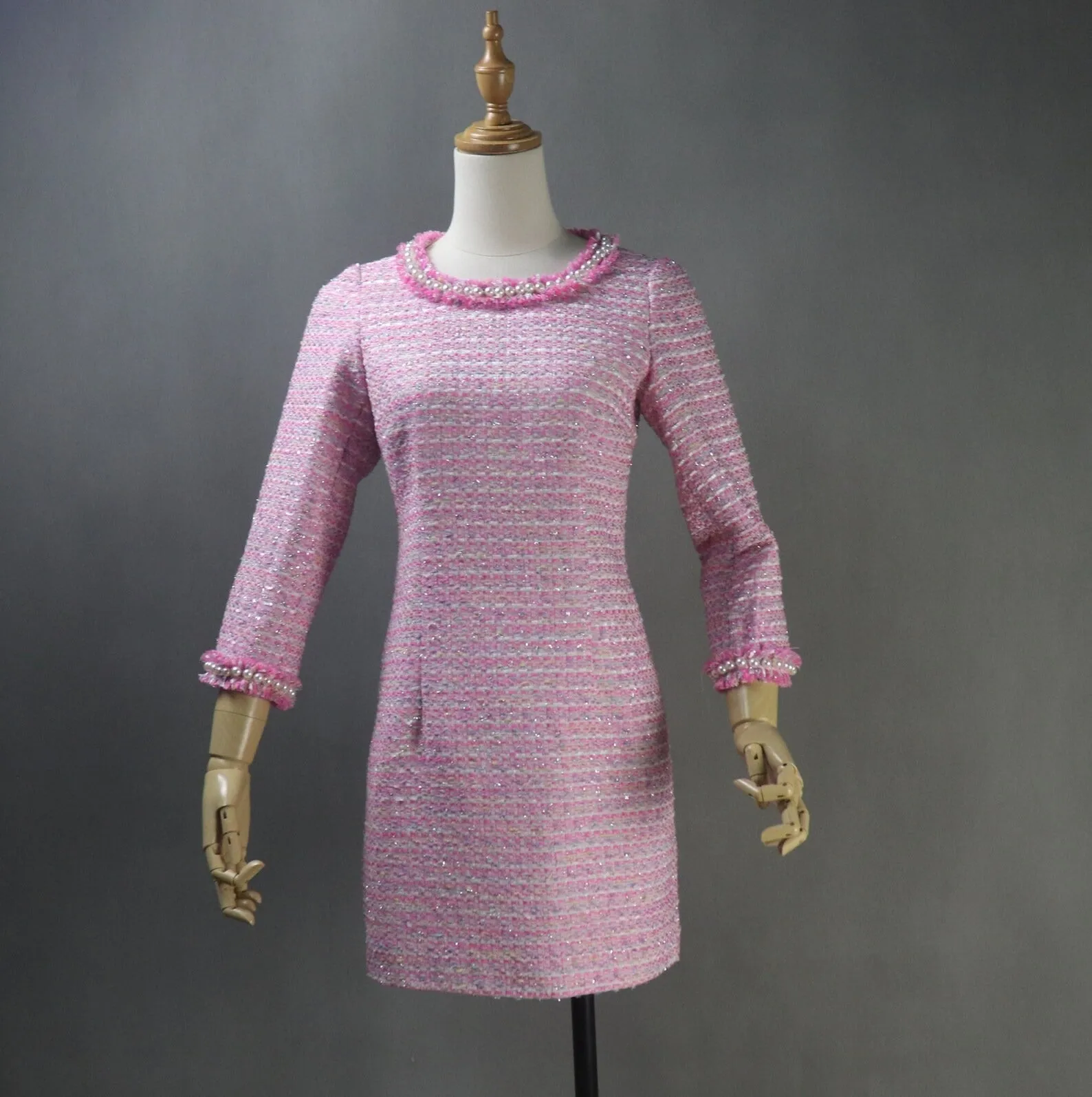 Womens Custom Made Pearls Tweed 3/4 Sleeves Dress Hot Pink