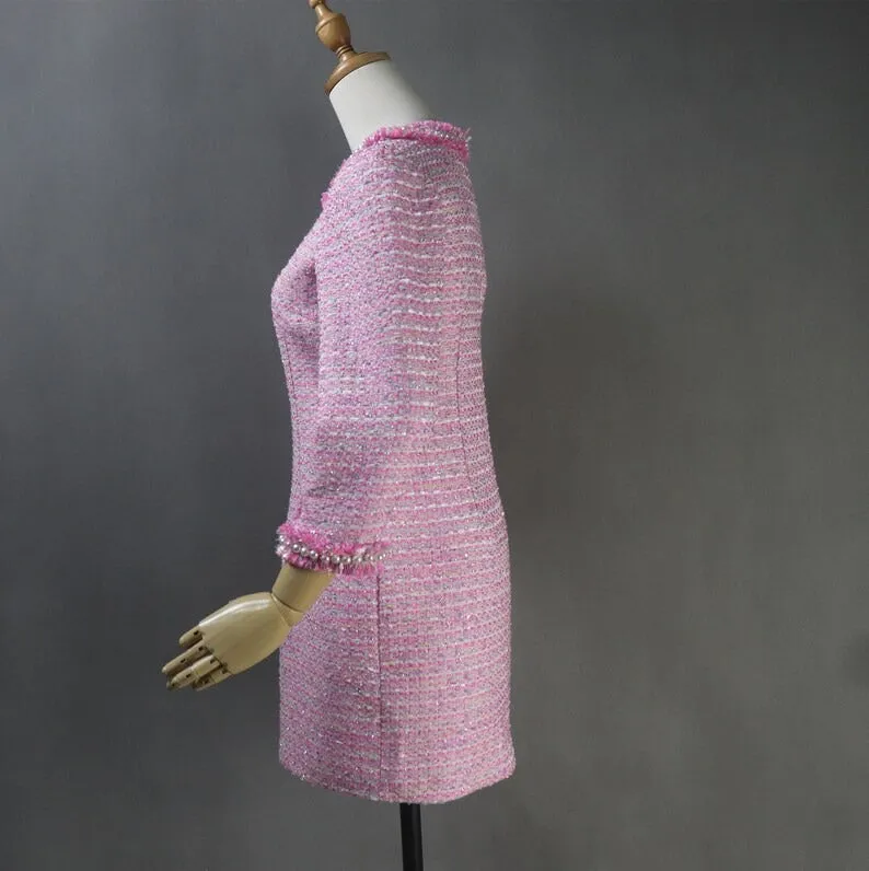 Womens Custom Made Pearls Tweed 3/4 Sleeves Dress Hot Pink