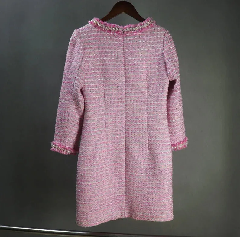 Womens Custom Made Pearls Tweed 3/4 Sleeves Dress Hot Pink