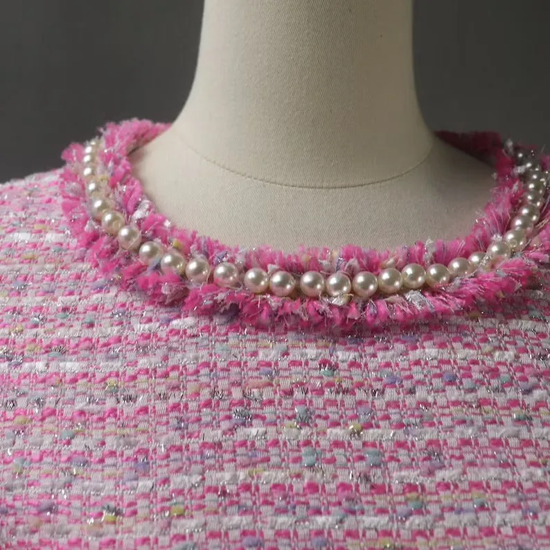 Womens Custom Made Pearls Tweed 3/4 Sleeves Dress Hot Pink