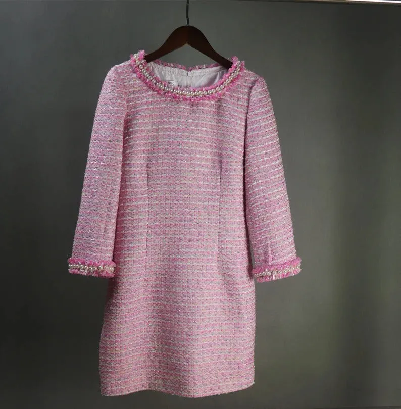 Womens Custom Made Pearls Tweed 3/4 Sleeves Dress Hot Pink