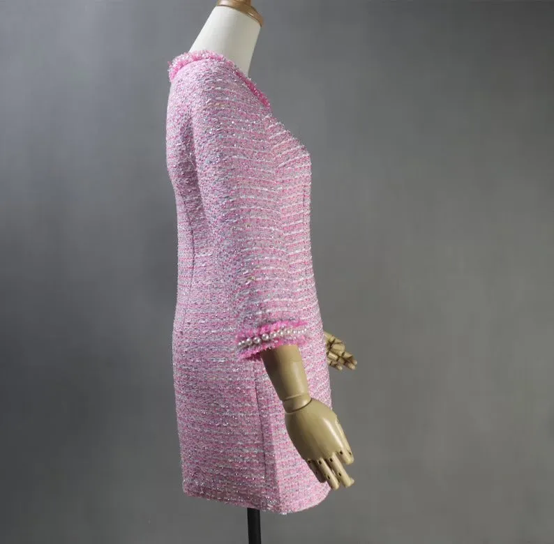 Womens Custom Made Pearls Tweed 3/4 Sleeves Dress Hot Pink