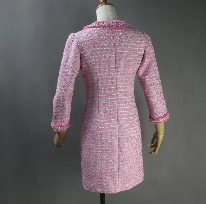 Womens Custom Made Pearls Tweed 3/4 Sleeves Dress Hot Pink