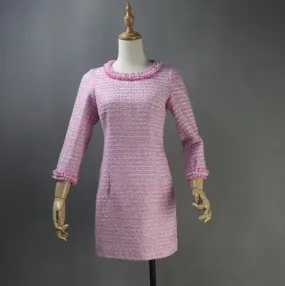 Womens Custom Made Pearls Tweed 3/4 Sleeves Dress Hot Pink