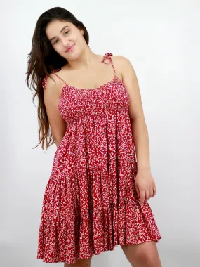 Women's Floral Printed Smocked Dress,Red