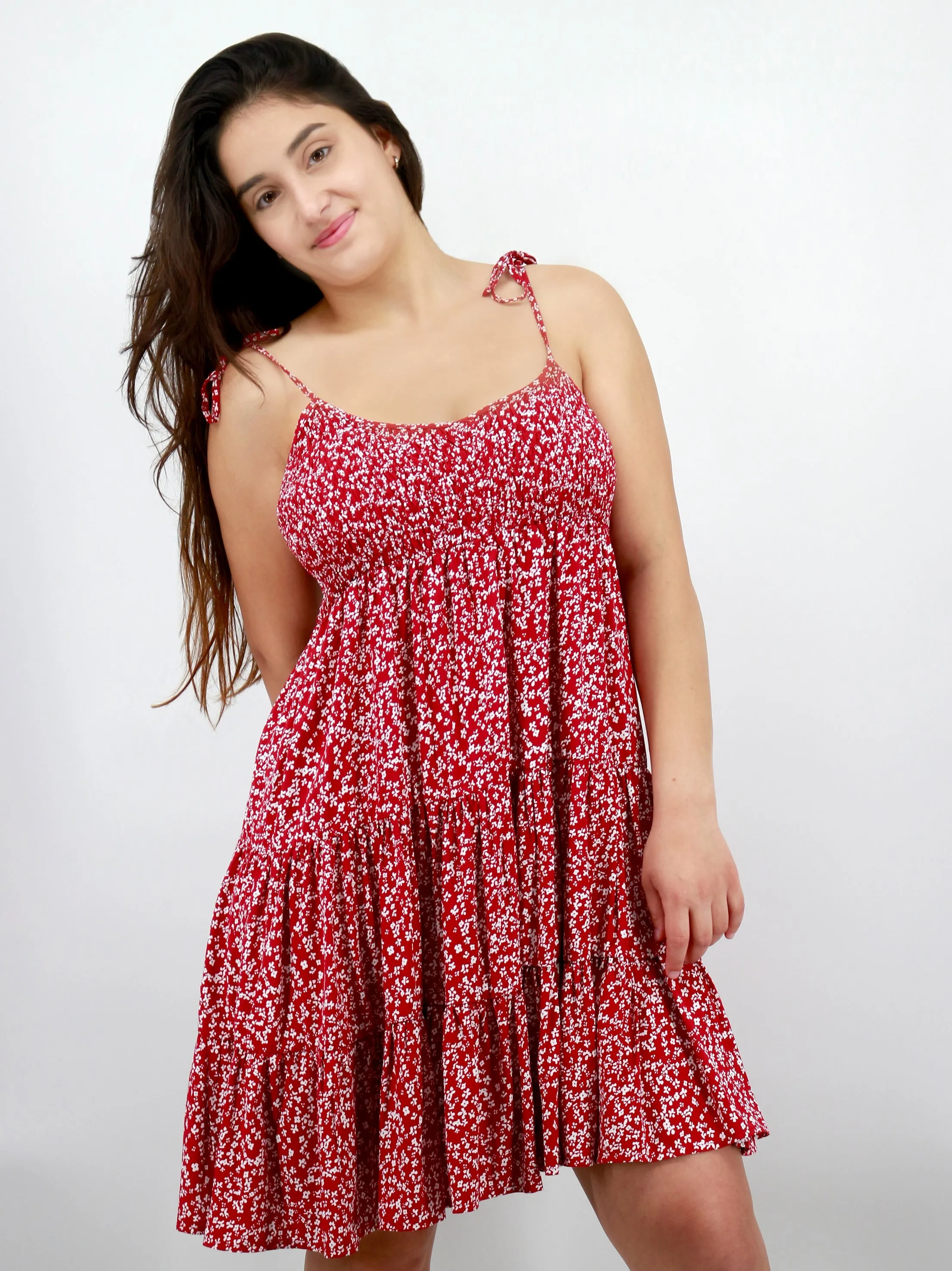 Women's Floral Printed Smocked Dress,Red