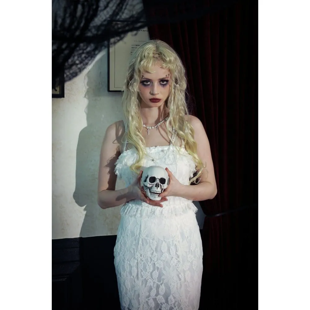 Women's Gothic Pleated Lace Slip Dress White