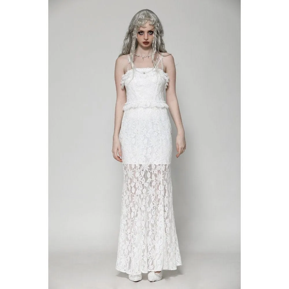 Women's Gothic Pleated Lace Slip Dress White
